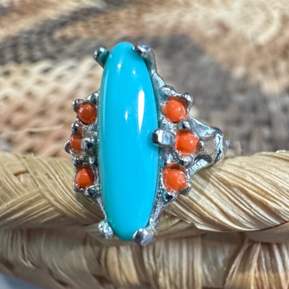 Vintage Silver Ring With Turquoise & Coral Gemstones Size 6 - 18KHGE Marked - Picture 3 of 9